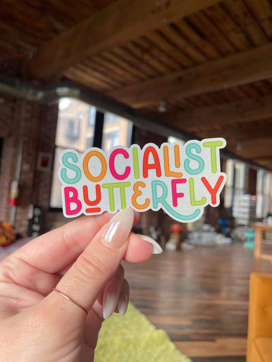 socialist butterfly glitter sticker