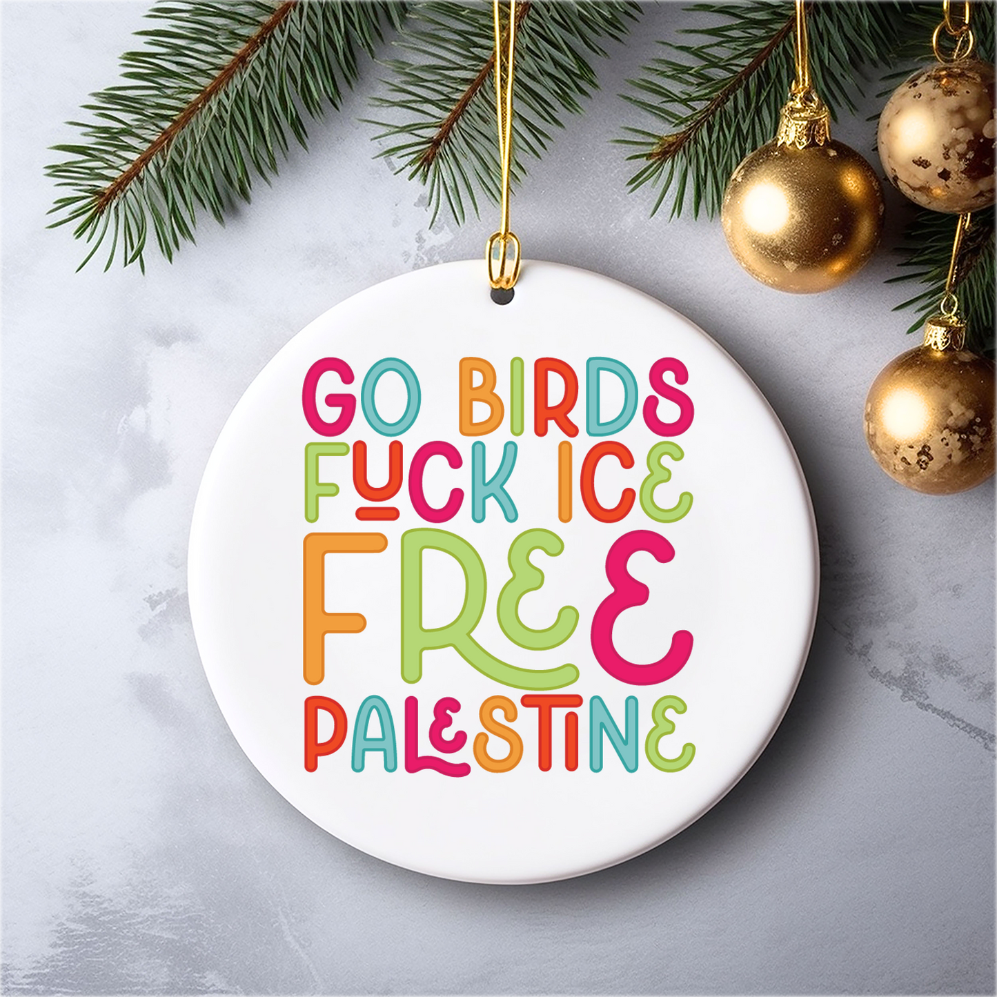 go birds fuck ice free palestine philly christmas ornament